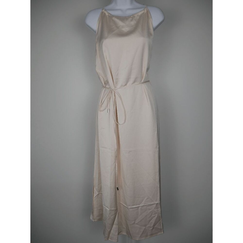 INC Women's Satin Crepe High Halter Neckline Waist Tie Midi Dress Size 16 - Picture 2 of 13